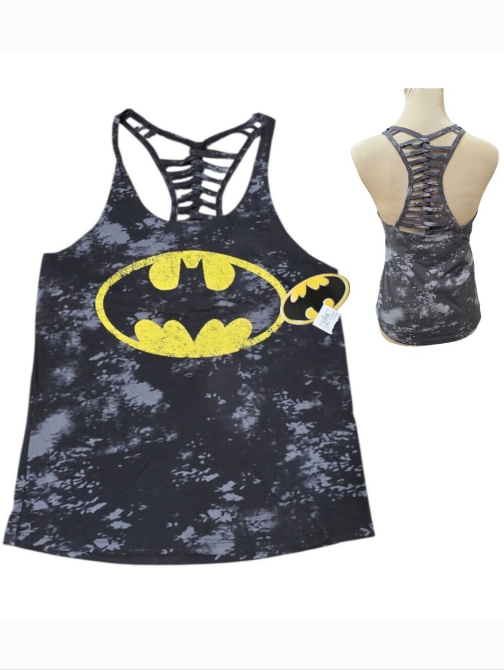 NWT Batman Women's Strappy Racerback Tank Top Black Acid Wash Graphic Size S
